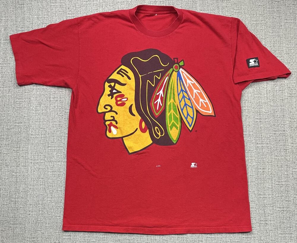 Vintage Chicago Blackhawks Shirt Mens XL Hockey Starter Big Logo Double Sided SS
